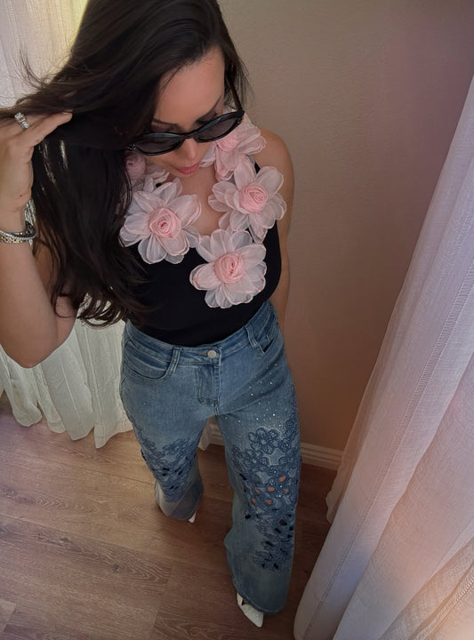 denim jeans mujer talle alto con bordados florales