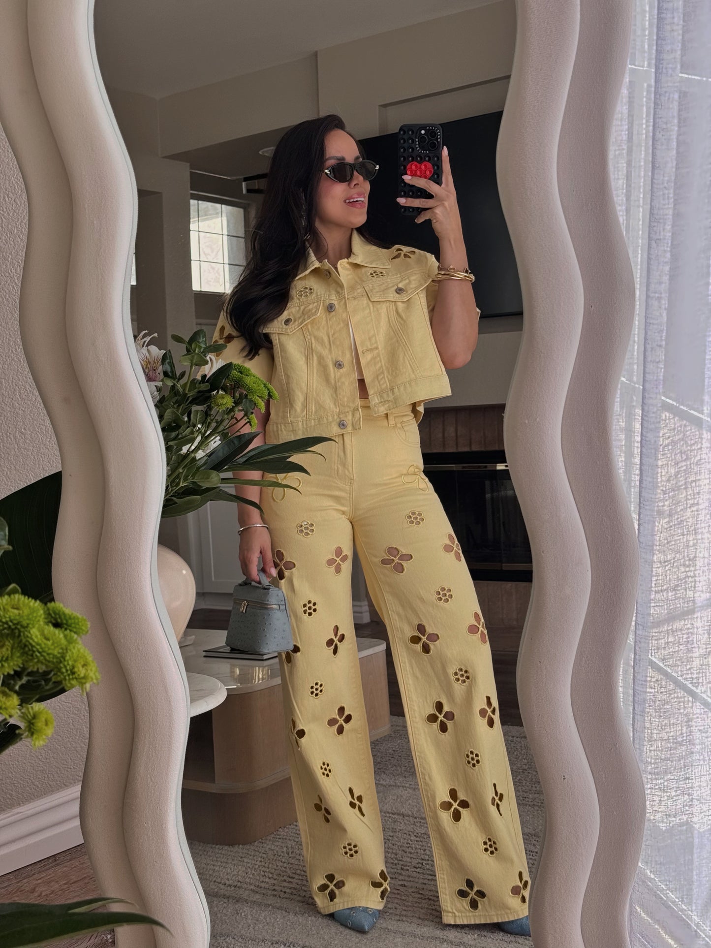 Conjunto denim amarillo bordado de dos piezas mujer