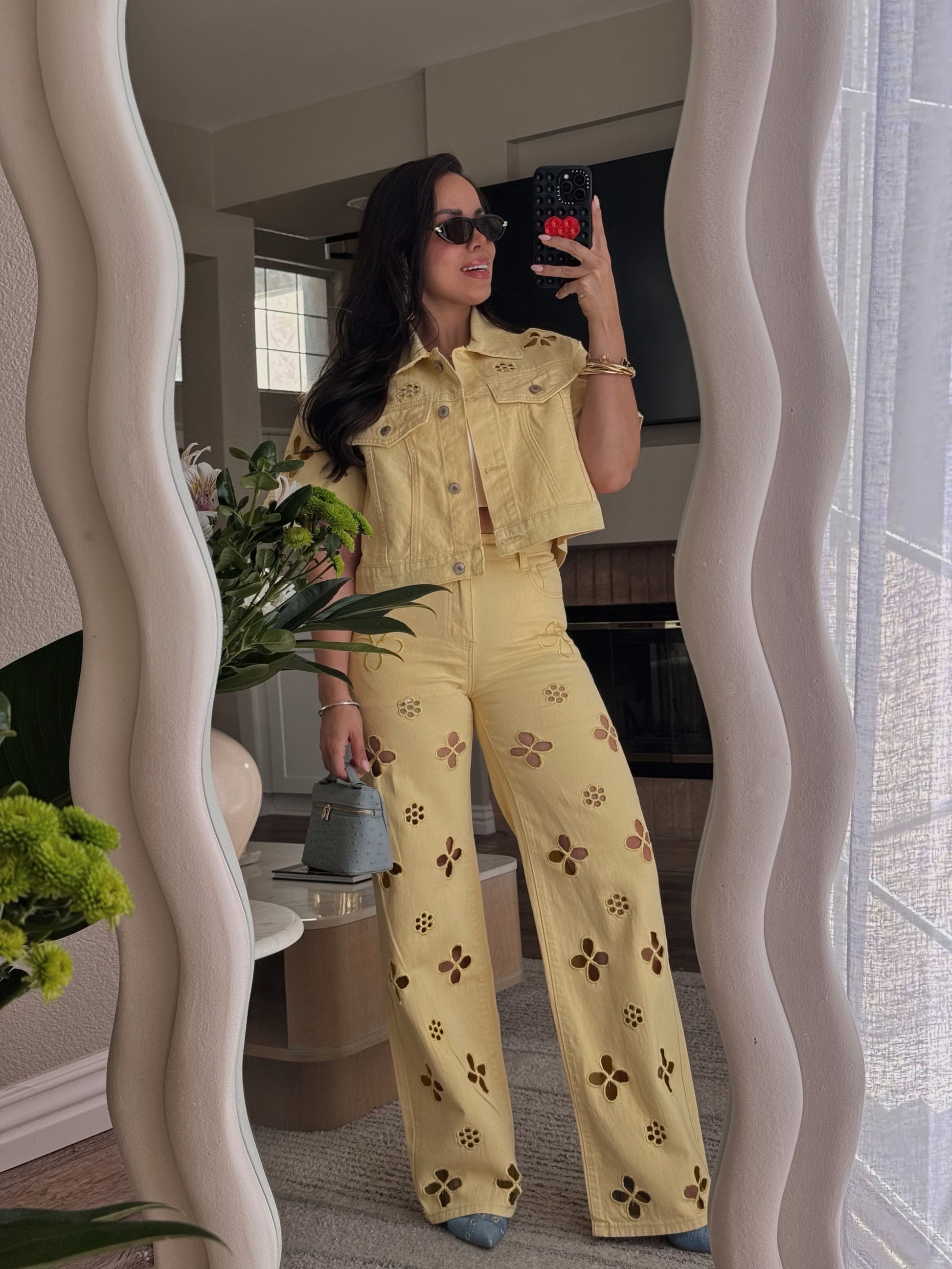 Conjunto denim amarillo bordado de dos piezas mujer