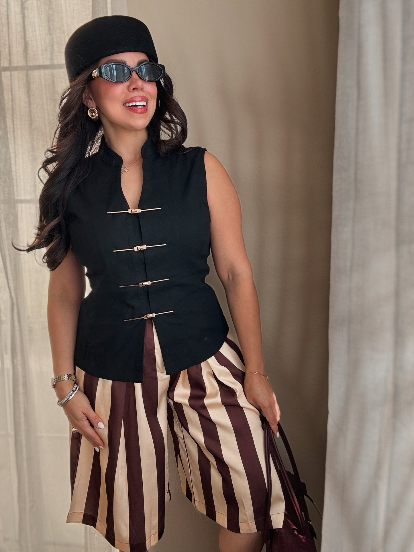 High Waist Stripe Bermuda *BROWN*