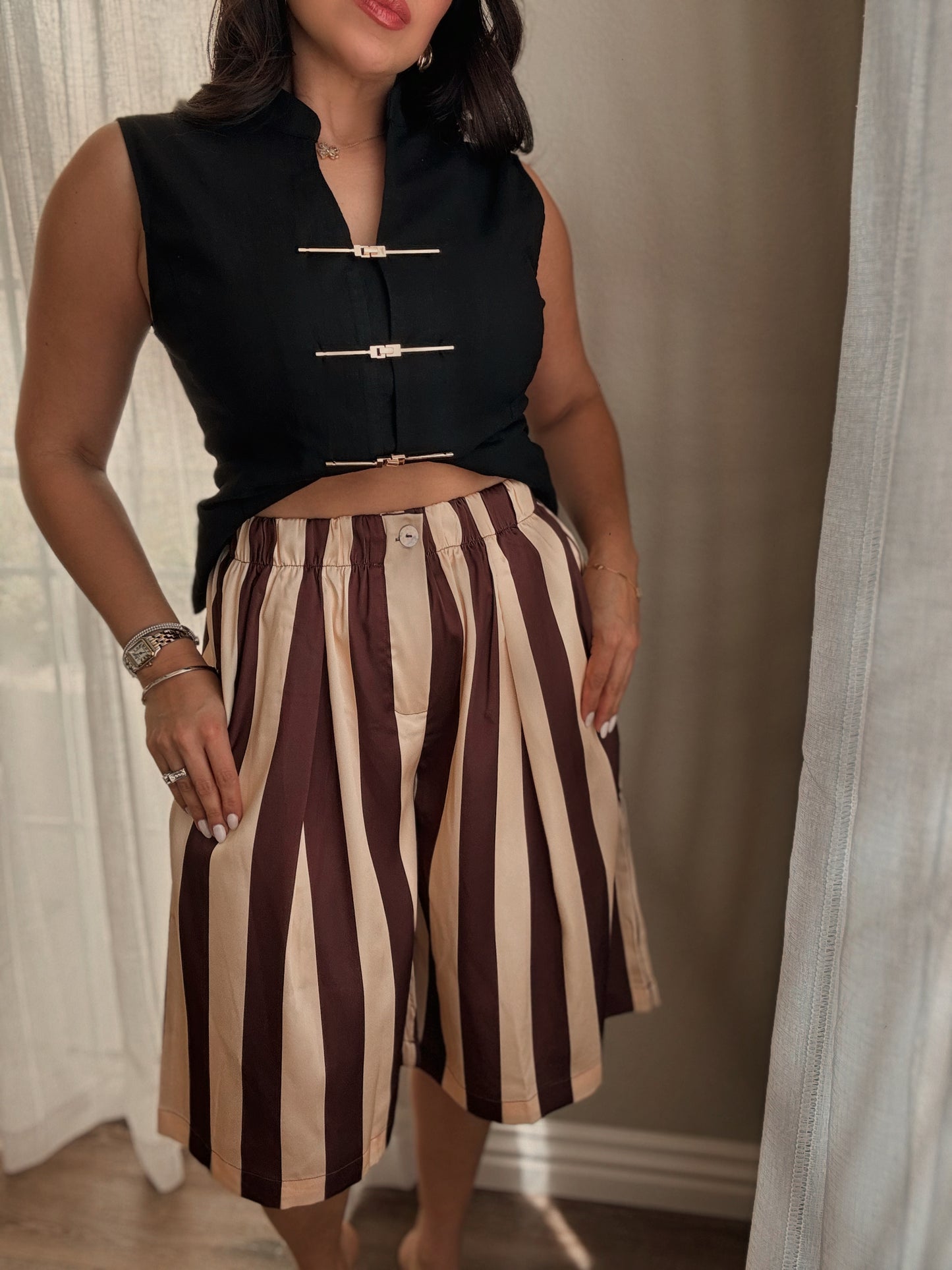 High Waist Stripe Bermuda *BROWN*