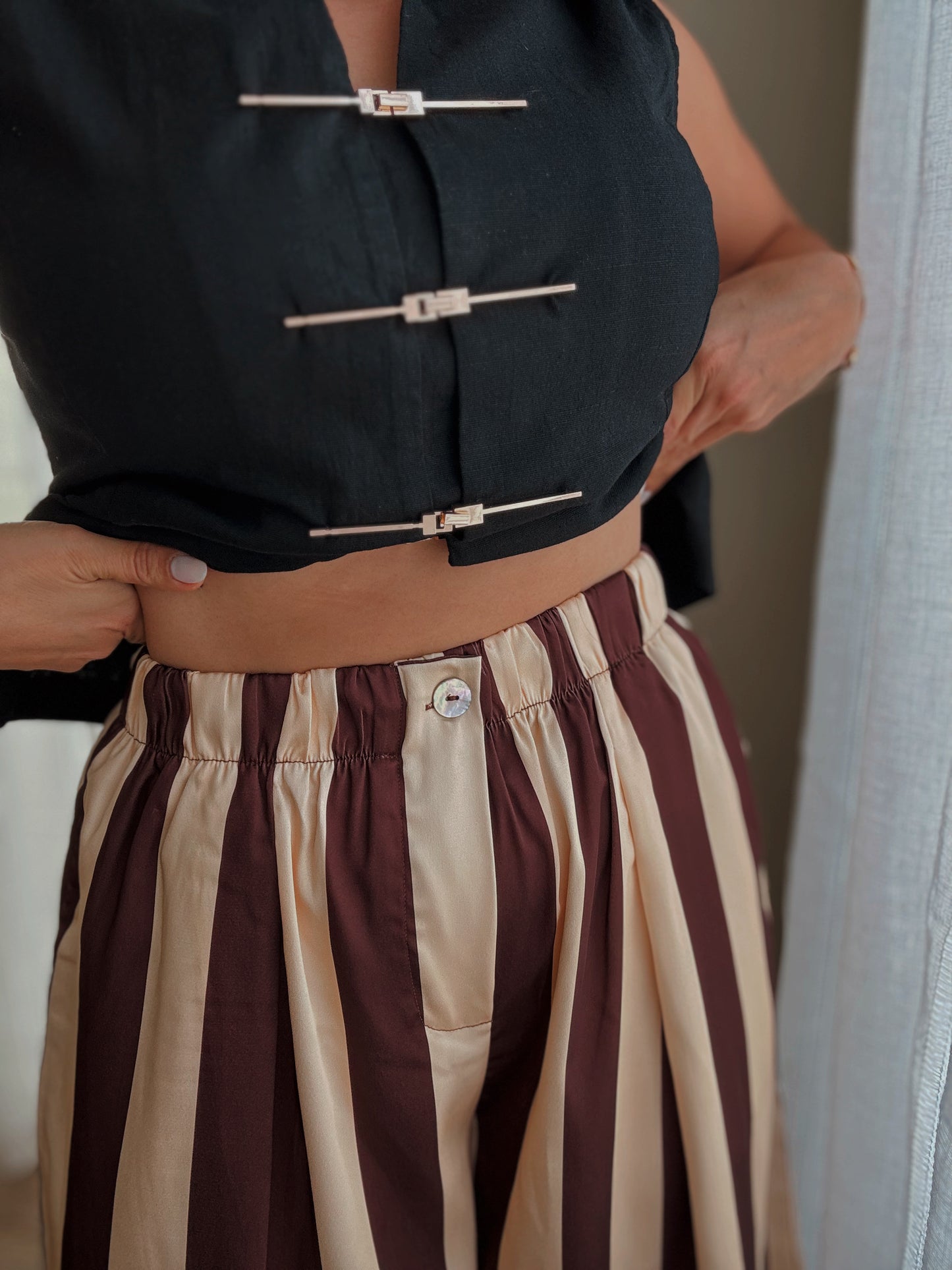 High Waist Stripe Bermuda *BROWN*