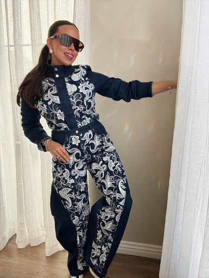 Odette Paisley Embroidered Denim Set